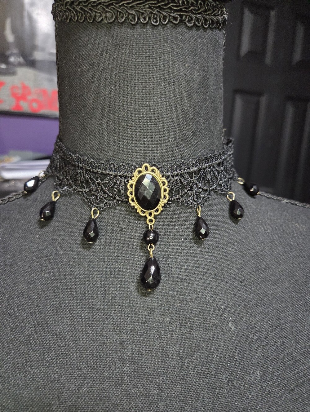Black Victorian Lace Choker Beaded Goth Emo Punk Gold Faceted Cabochon Necklace